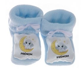 Chausson bébé Bébé éléphant bonne nuit avec prénom de couleur Bleu