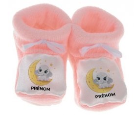 Chausson bébé Bébé éléphant bonne nuit avec prénom de couleur Rose