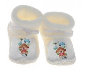 Chausson bébé Animaux rigolos Oiseau maison de couleur Blanc