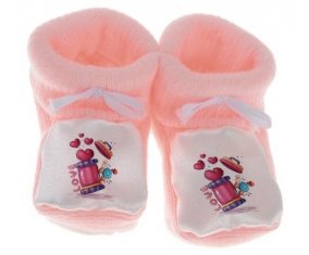 Chausson bébé Animaux rigolos Love design-1 de couleur Rose