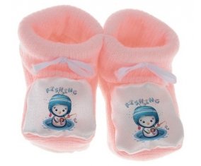Chausson bébé Animaux rigolos Fishing de couleur Rose