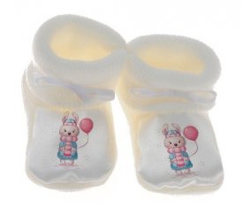 Chausson bébé Lapin avec ballon rose de couleur Blanc