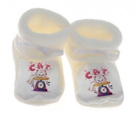 Chausson bébé Animaux rigolos Cat design-1 de couleur Blanc