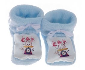 Chausson bébé Animaux rigolos Cat design-1 de couleur Bleu