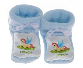 Chausson bébé Licorne design-8 avec prénom de couleur Bleu