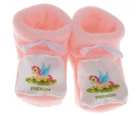 Chausson bébé Licorne design-8 avec prénom de couleur Rose