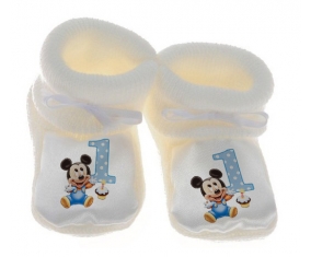 Chausson bébé Disney Mickey Numéro 1 anniversaire de couleur Blanc