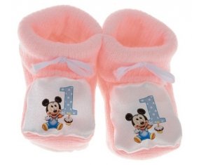 Chausson bébé Disney Mickey Numéro 1 anniversaire de couleur Rose