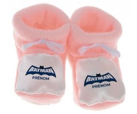 Chausson bébé Batman logo bleu avec prénom de couleur Rose
