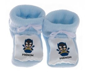 Chausson bébé Batman kids logo design-3 avec prénom de couleur Bleu