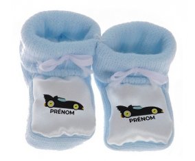 Chausson bébé Batmobile design-2 avec prénom de couleur Bleu
