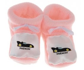 Chausson bébé Batmobile design-2 avec prénom de couleur Rose