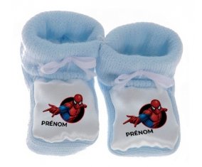 Chausson bébé Spiderman design-6 avec prénom de couleur Bleu