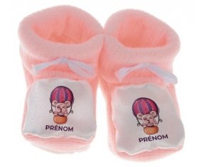 Chausson bébé Animaux rigolos Ballon et ours avec prénom de couleur Rose