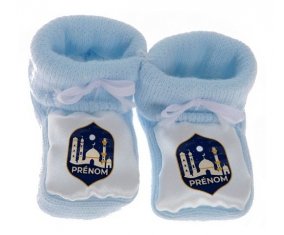 Chausson bébé Islam mosqué avec prénom design-2 de couleur Bleu