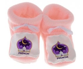 Chausson bébé Islam mosqué avec prénom design-4 de couleur Rose