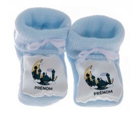 Chausson bébé Islam mosqué avec prénom design-5 de couleur Bleu
