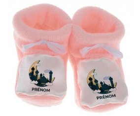 Chausson bébé Islam mosqué avec prénom design-5 de couleur Rose