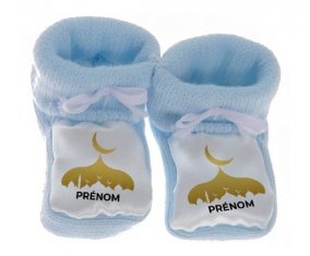 Chausson bébé Islam mosqué avec prénom design-6 de couleur Bleu