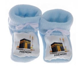 Chausson bébé Islam Mecque design-1 avec prénom de couleur Bleu