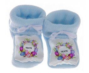 Chausson bébé Oeuf de Pâques design-1 avec texte de couleur Bleu