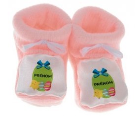 Chausson bébé Oeuf de Pâques design-3 avec prénom de couleur Rose