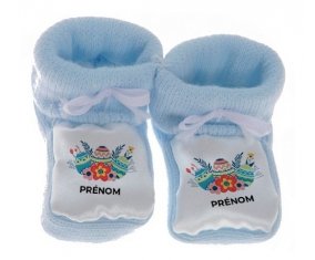 Chausson bébé Oeuf de Pâques design-5 avec prénom de couleur Bleu