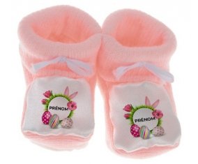 Chausson bébé Oeuf de Pâques design-6 avec prénom de couleur Rose