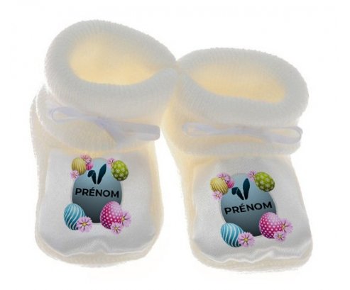 Chausson bébé Oeuf de Pâques design-8 avec prénom de couleur Blanc
