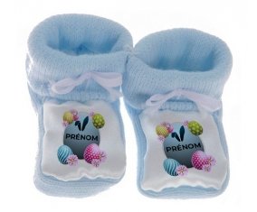 Chausson bébé Oeuf de Pâques design-8 avec prénom de couleur Bleu