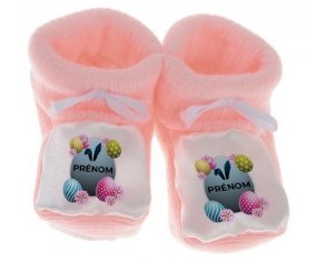 Chausson bébé Oeuf de Pâques design-8 avec prénom de couleur Rose