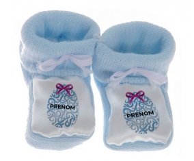 Chausson bébé Oeuf de Pâques design-14 avec prénom de couleur Bleu