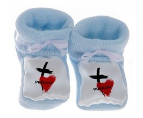 Chausson bébé Croix + cœur avec prénom de couleur Bleu