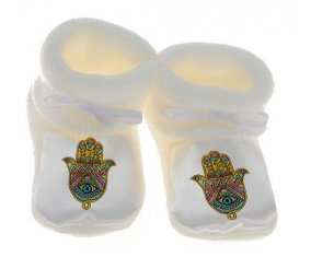 Chausson bébé Judaisme : Khamsa mauvais œil de couleur Blanc