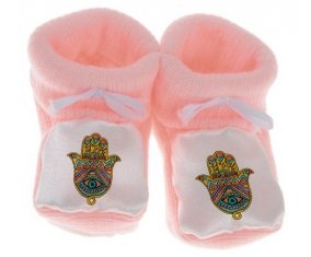 Chausson bébé Judaisme : Khamsa mauvais œil de couleur Rose