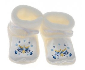 Chausson bébé Judaisme : Hanoukkia design-2 de couleur Blanc