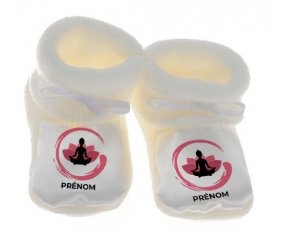 Chausson bébé Bouddhisme méditation zen design-3 avec prénom de couleur Blanc