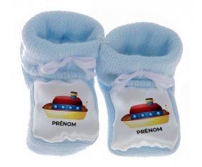 Chausson bébé Jouet toys Bateau design-1 avec prénom de couleur Bleu