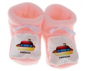 Chausson bébé Jouet toys Bateau design-1 avec prénom de couleur Rose