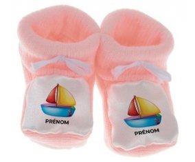 Chausson bébé Jouet toys Bateau design-2 avec prénom de couleur Rose