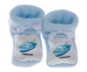Chausson bébé Jouet toys Bateau design-3 avec prénom de couleur Bleu
