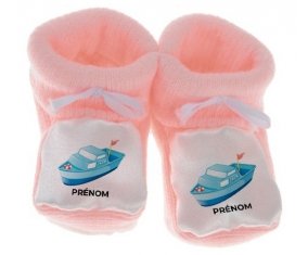 Chausson bébé Jouet toys Bateau design-3 avec prénom de couleur Rose