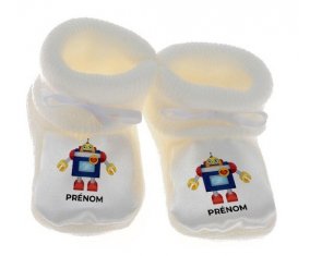 Chausson bébé Jouet toys Robot avec prénom de couleur Blanc