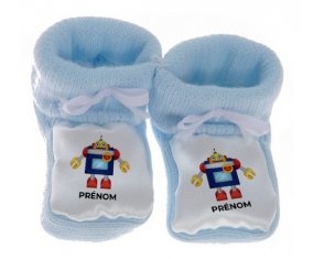 Chausson bébé Jouet toys Robot avec prénom de couleur Bleu