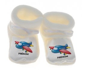 Chausson bébé Jouet toys Avion design-1 avec prénom de couleur Blanc