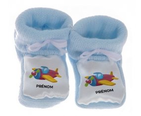 Chausson bébé Jouet toys Avion design-3 avec prénom de couleur Bleu