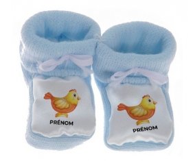 Chausson bébé Jouet toys Poule avec prénom de couleur Bleu