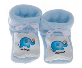 Chausson bébé Jouet toys éléphant avec prénom de couleur Bleu