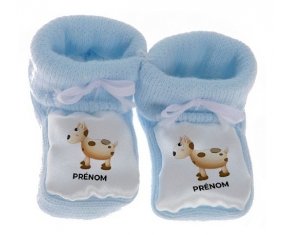 Chausson bébé Jouet toys vache avec prénom de couleur Bleu