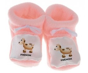 Chausson bébé Jouet toys vache avec prénom de couleur Rose